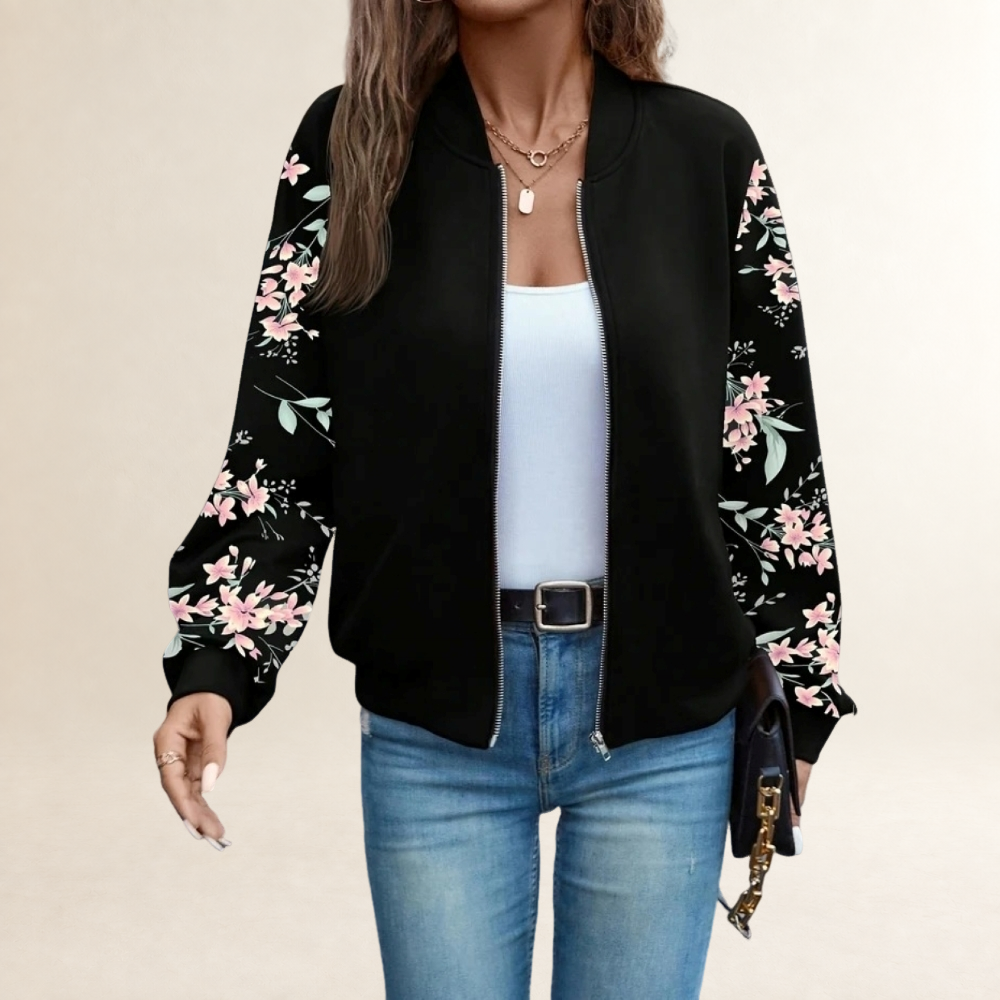 Women Transitional Jacket Zip-Up with Floral and Leopard Print Sleeves - Relaxed Fit