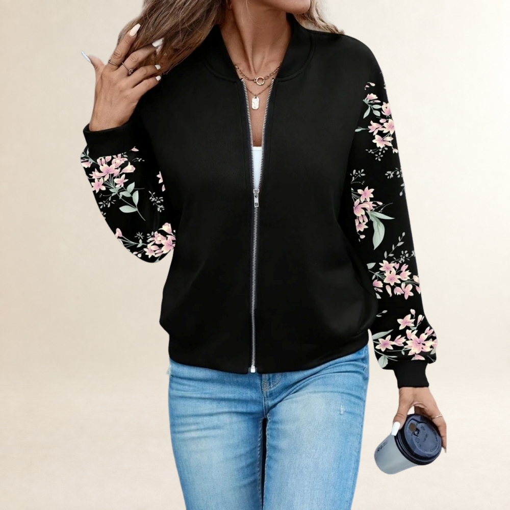 Women Transitional Jacket Zip-Up with Floral and Leopard Print Sleeves - Relaxed Fit