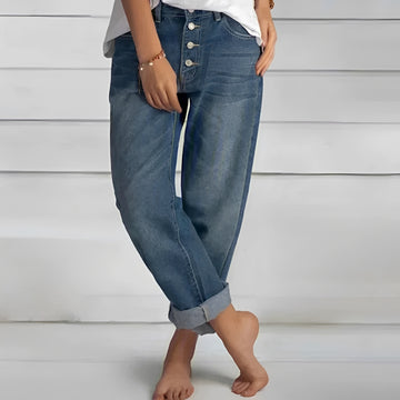 Women Trousers Jeans - High-Waist, Loose Fit, Button Fly, Rolled Cuff