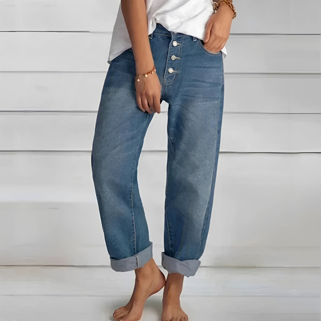 Women Trousers Jeans - High-Waist, Loose Fit, Button Fly, Rolled Cuff