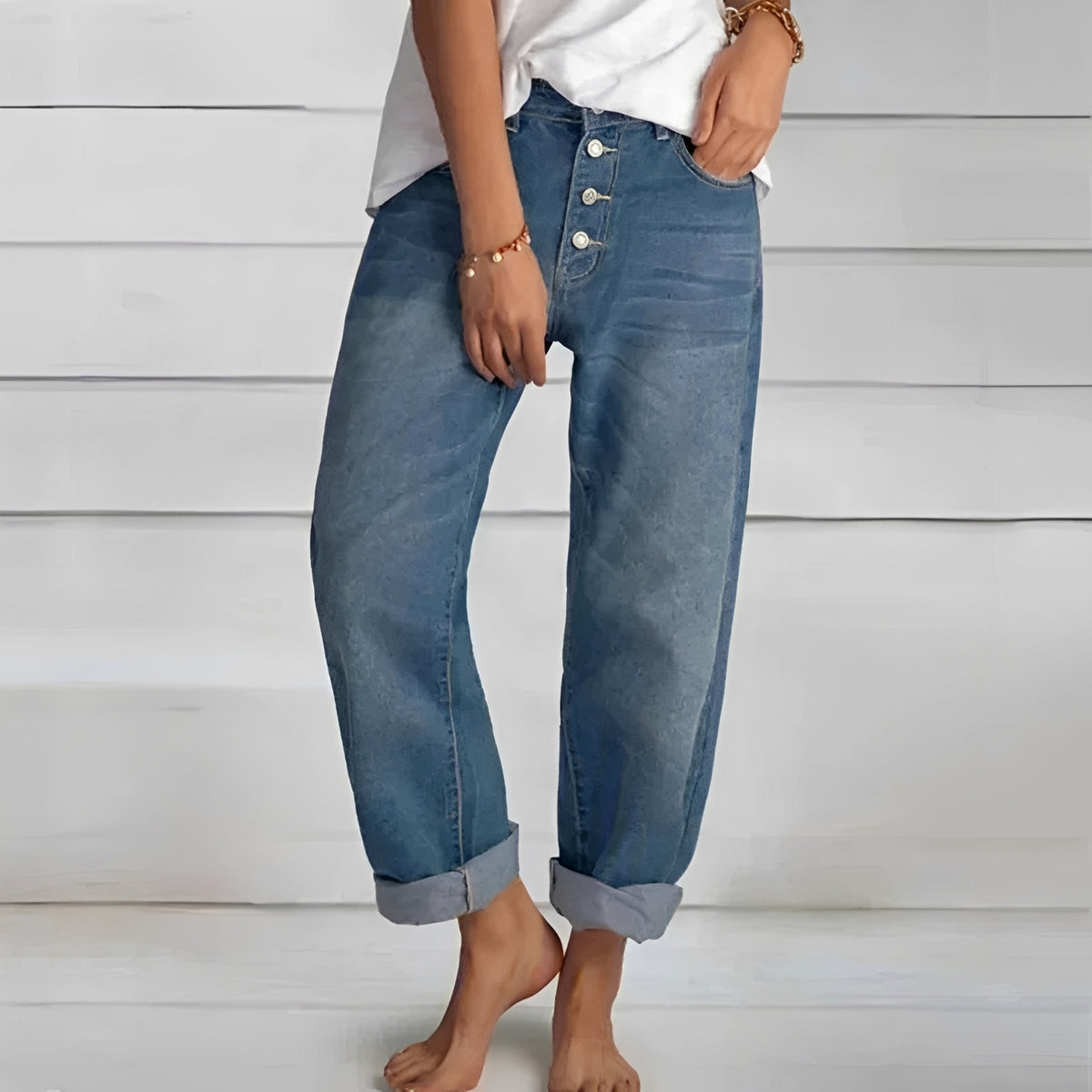 Women Trousers Jeans - High-Waist, Loose Fit, Button Fly, Rolled Cuff