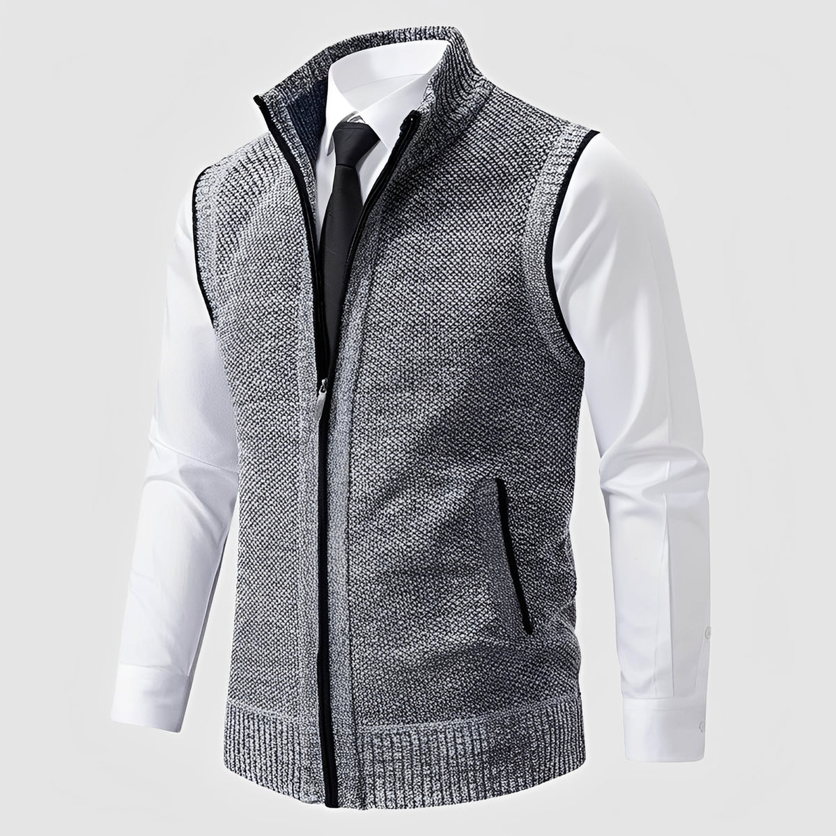 Zip-Up Sweater Vest for Men with Turn-Down Collar and Side Pockets