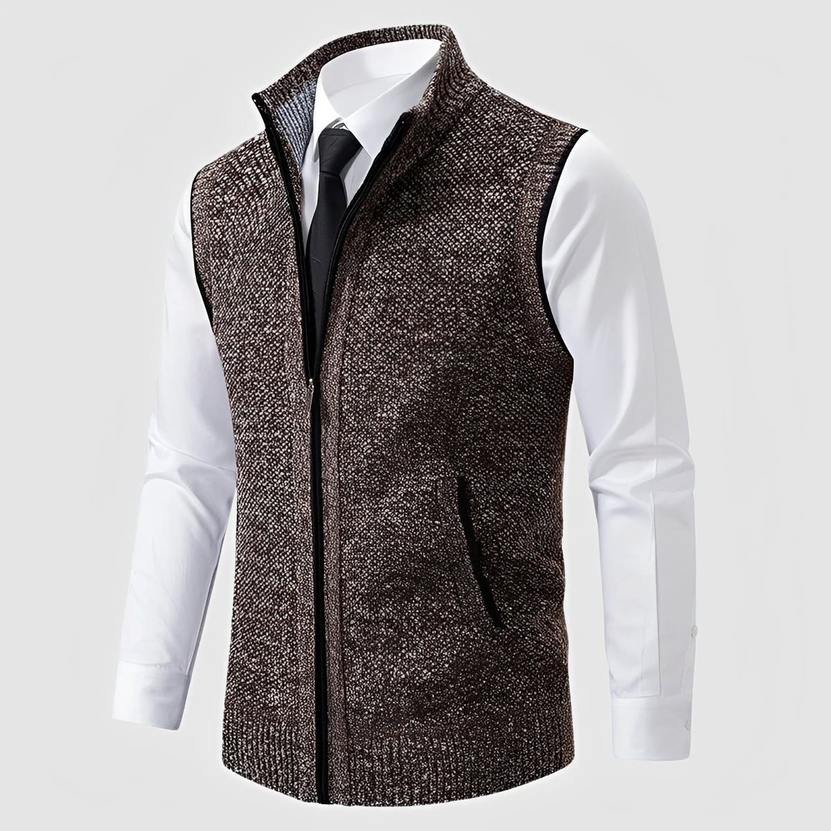 Zip-Up Sweater Vest for Men with Turn-Down Collar and Side Pockets