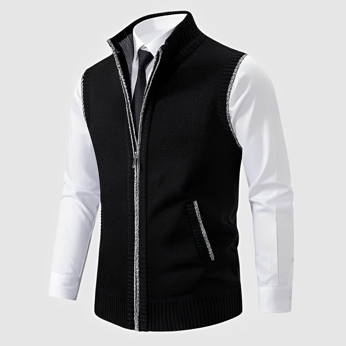 Zip-Up Sweater Vest for Men with Turn-Down Collar and Side Pockets