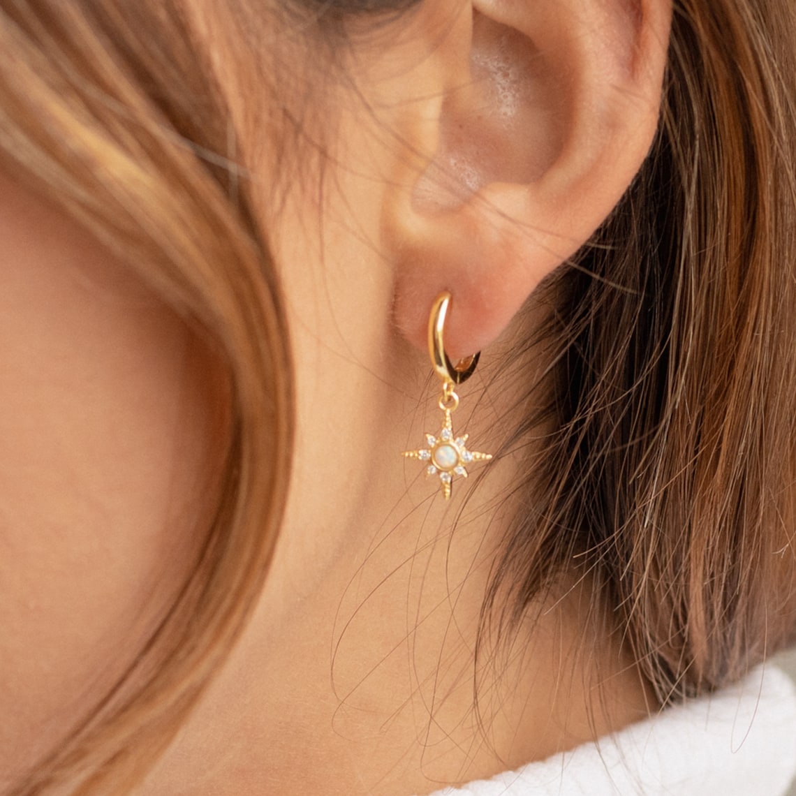 Huggie Opal Starburst Earrings - Zircon Star Earrings