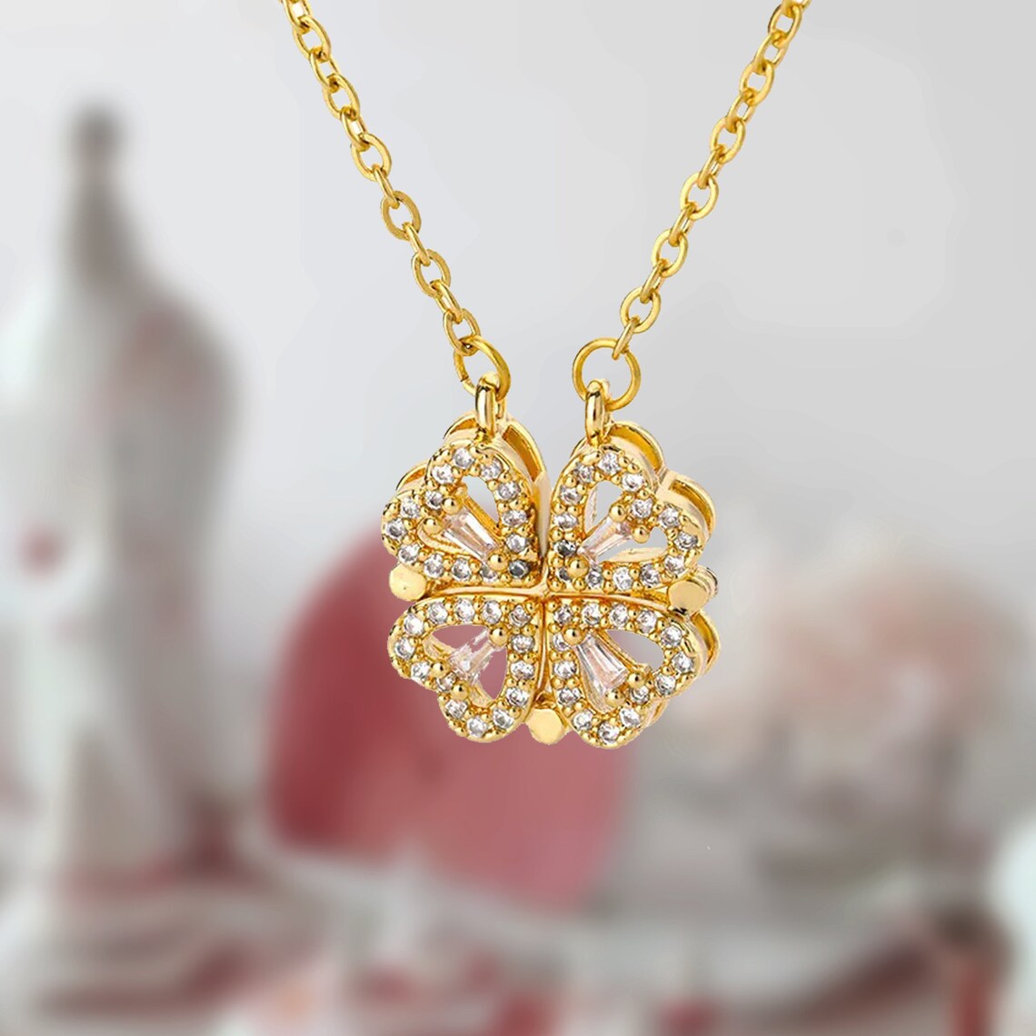 Four Leaf Clover Necklace - Magnetic Necklace with Heart