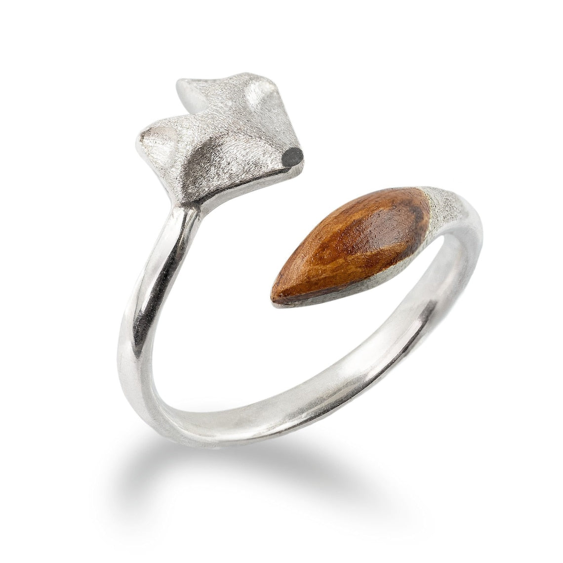 Wooden Adjustable Ring - Silver Fox Face Ring