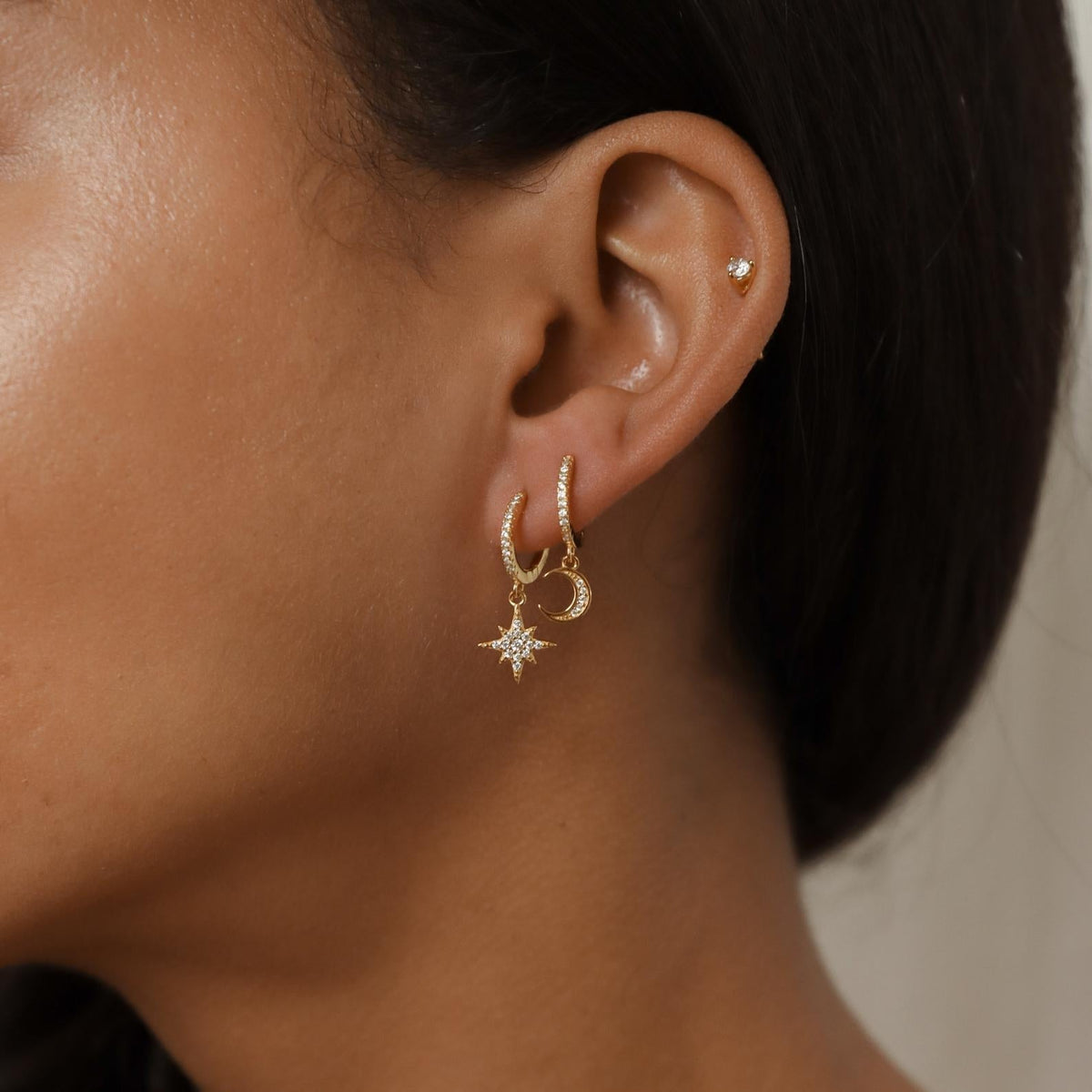 Star and Moon Earrings - Huggies with Embedded Strass