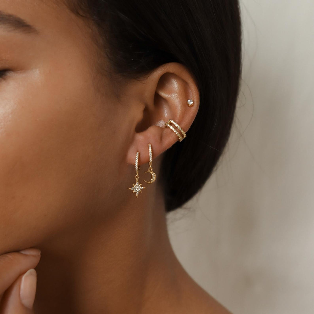 Star and Moon Earrings - Huggies with Embedded Strass