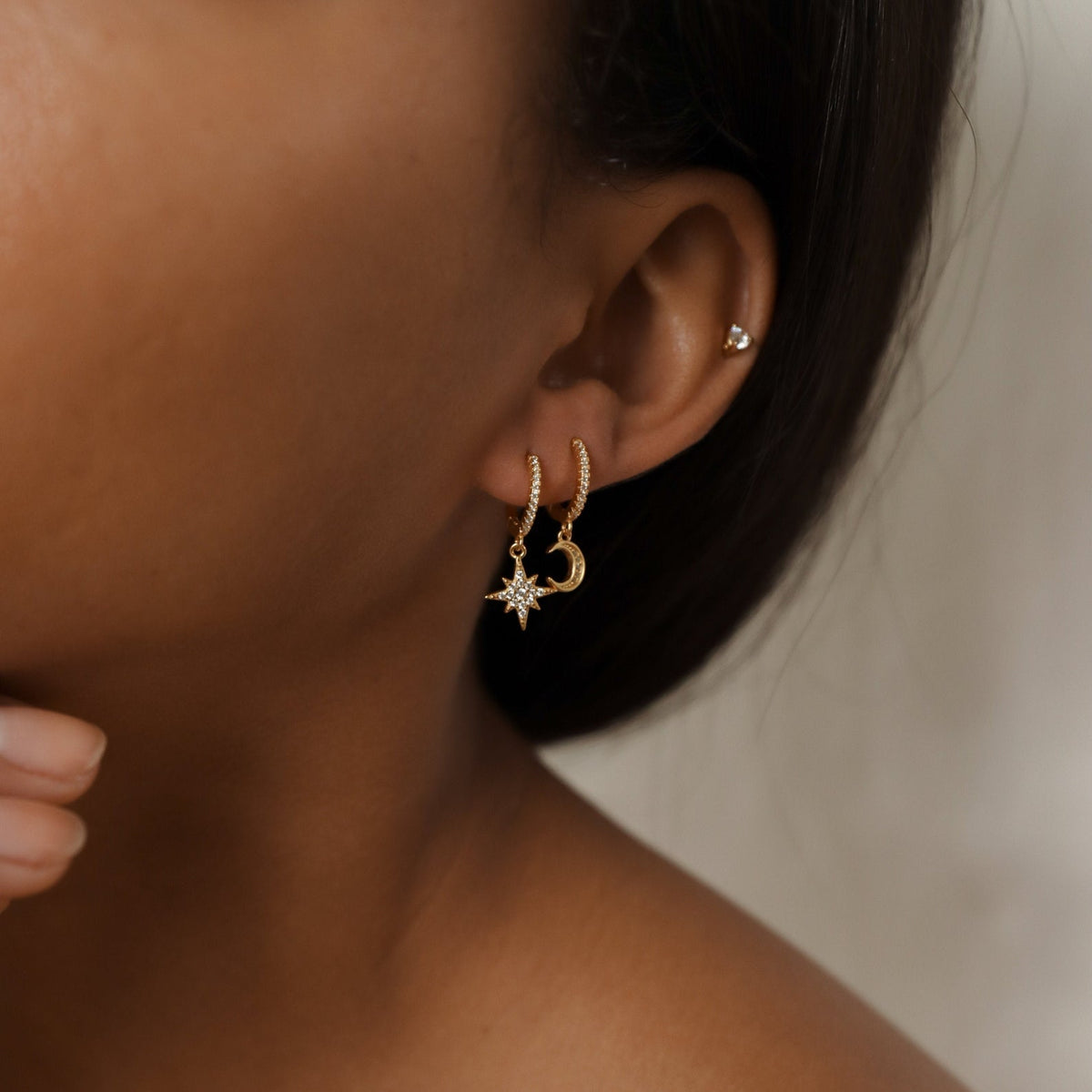 Star and Moon Earrings - Huggies with Embedded Strass