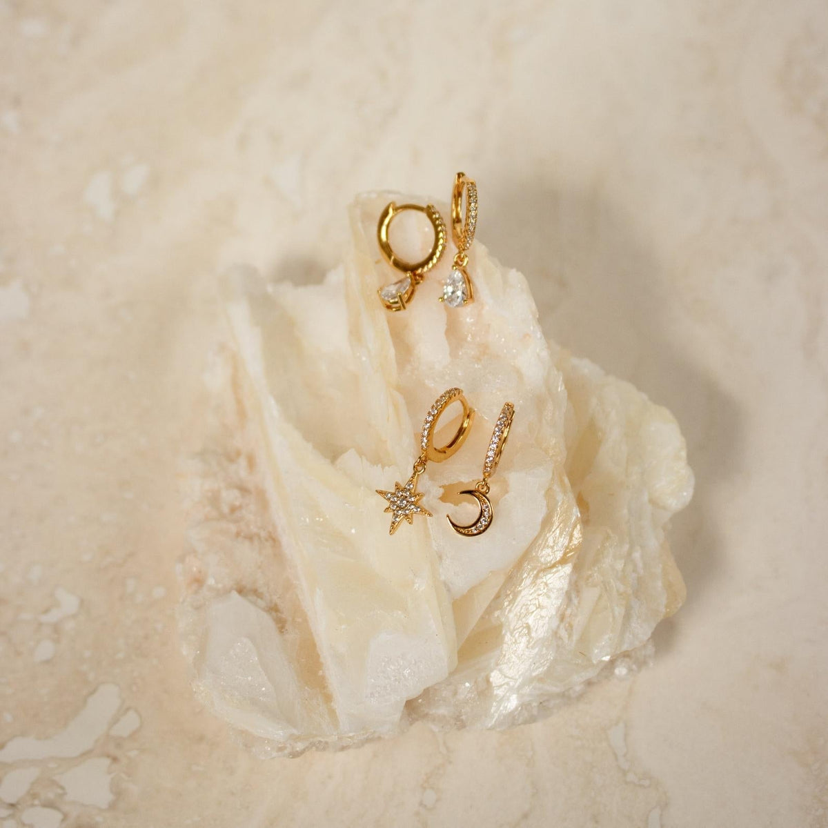 Star and Moon Earrings - Huggies with Embedded Strass