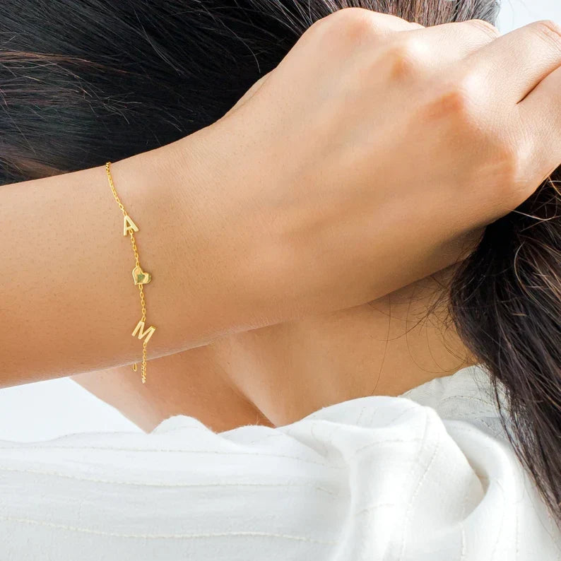 Double Initial Heart Bracelet - Double Heart Bracelet of Love for Her