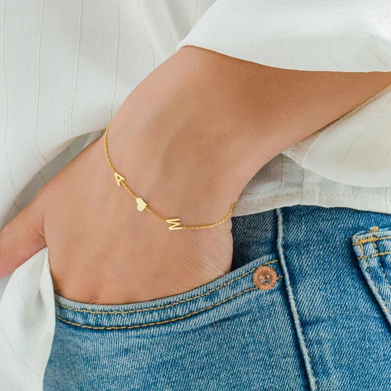 Double Initial Heart Bracelet - Double Heart Bracelet of Love for Her