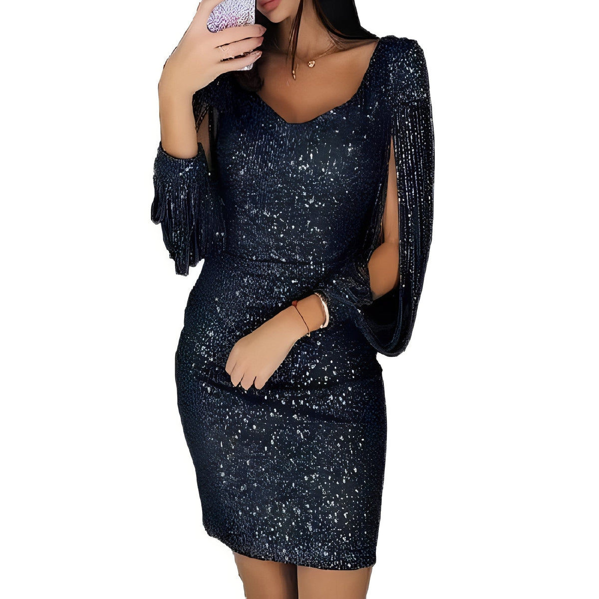 Marianna - Stylish, shiny evening dress with long sleeves for women