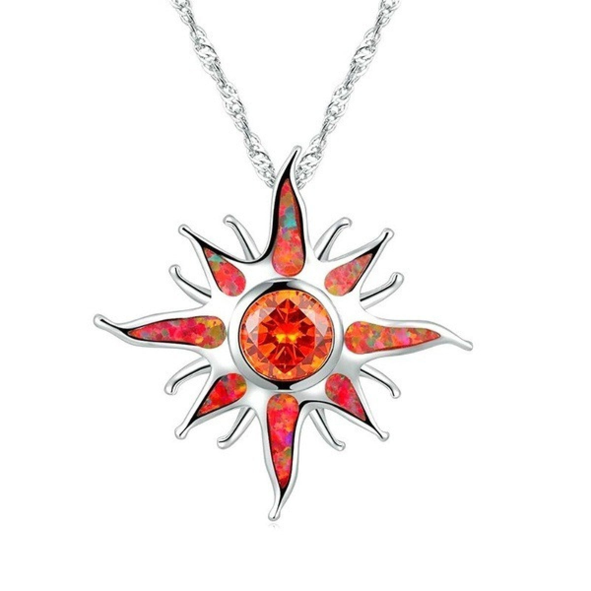 Yani – Necklace with sun ray pendant of fire opal and garnet
