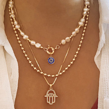 Jade – Multi-level Pearl Necklace and Hamsa
