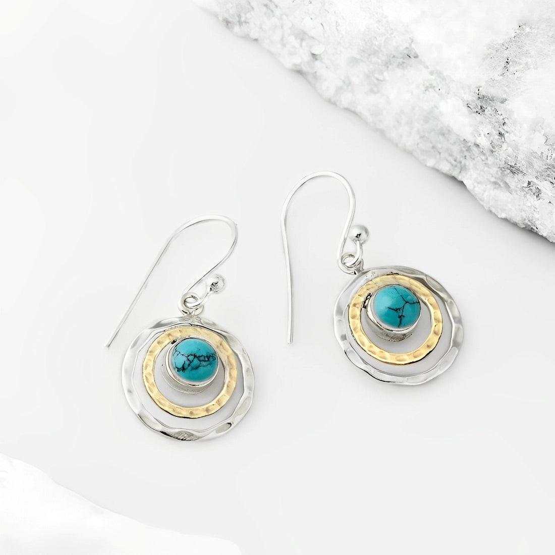 Nayah – Boho Saturn Earrings with turquoise stone, finished in silver and gold