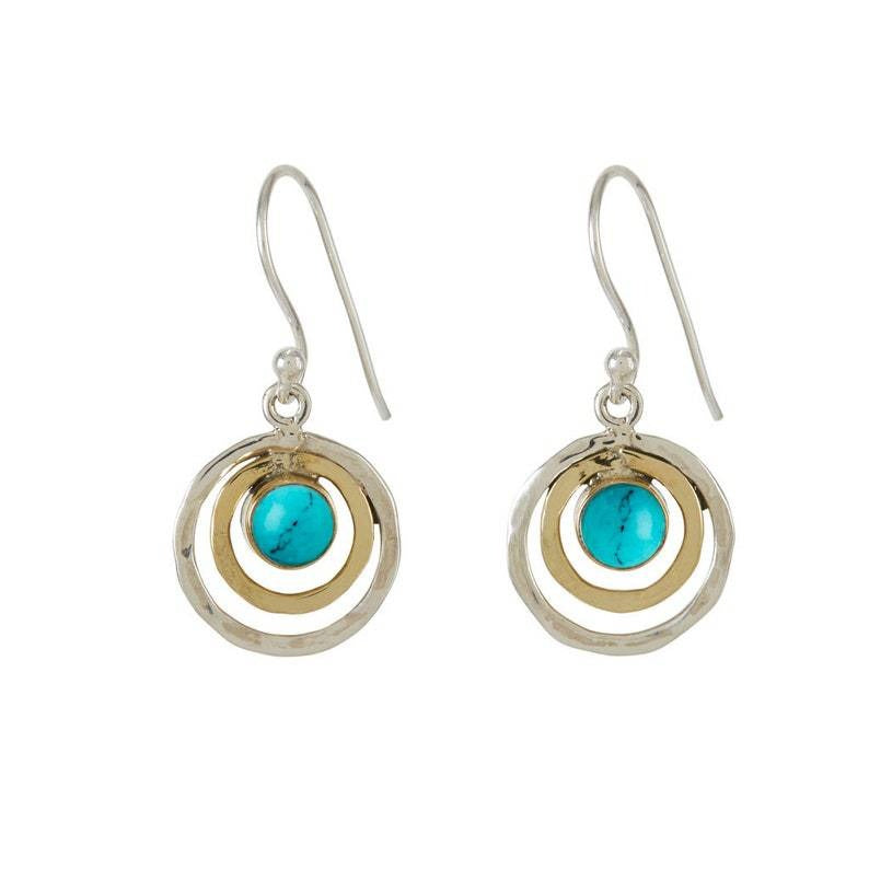 Nayah – Boho Saturn Earrings with turquoise stone, finished in silver and gold
