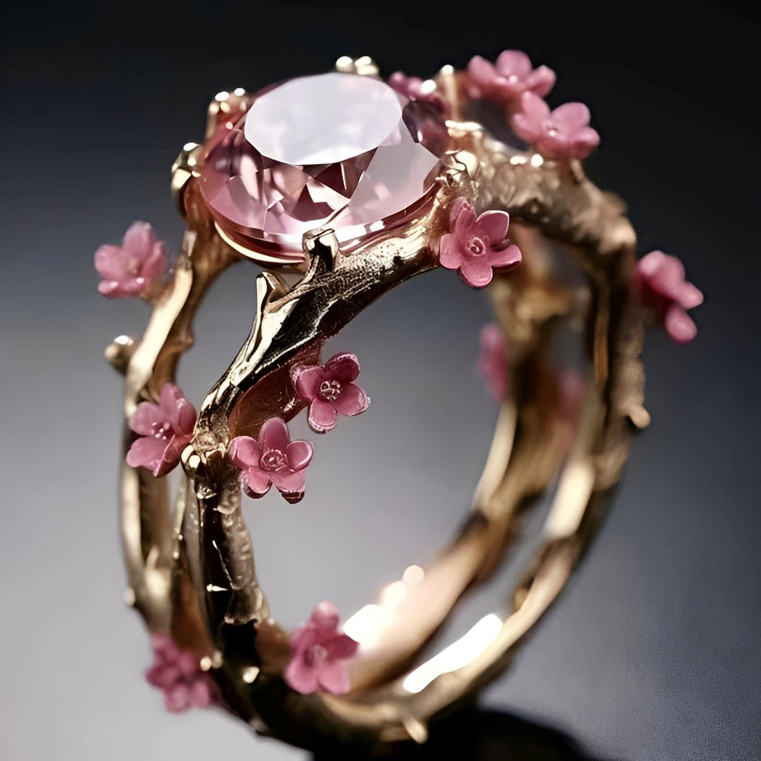 Elina – Golden enchanted ring with pink crystal and flowers