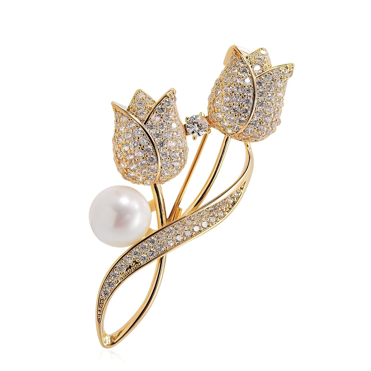 Jackie – Brooch of golden tulip with zirconia and pearl, gold