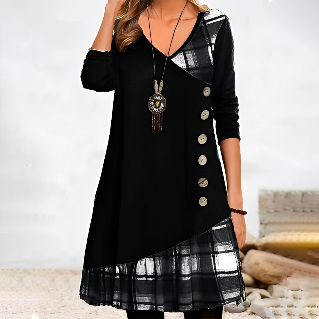 Shawnee - Casual dress with patchwork design and checks for women