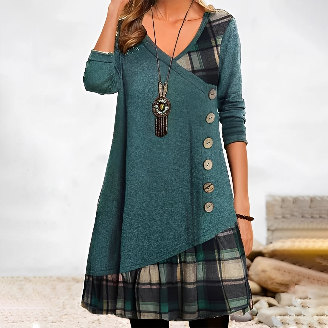 Shawnee - Casual dress with patchwork design and checks for women