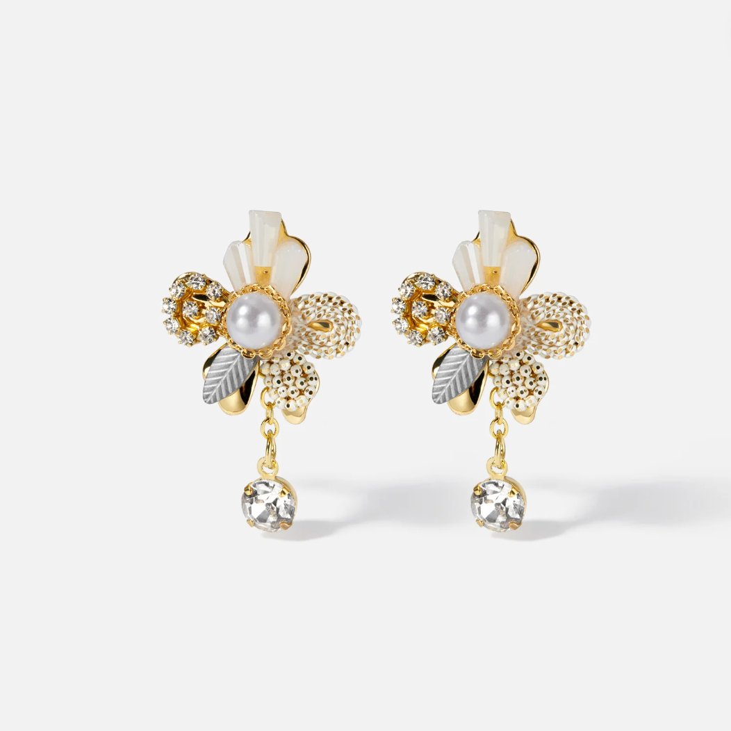 Pearl Flowers and Crystal Tassel Earrings