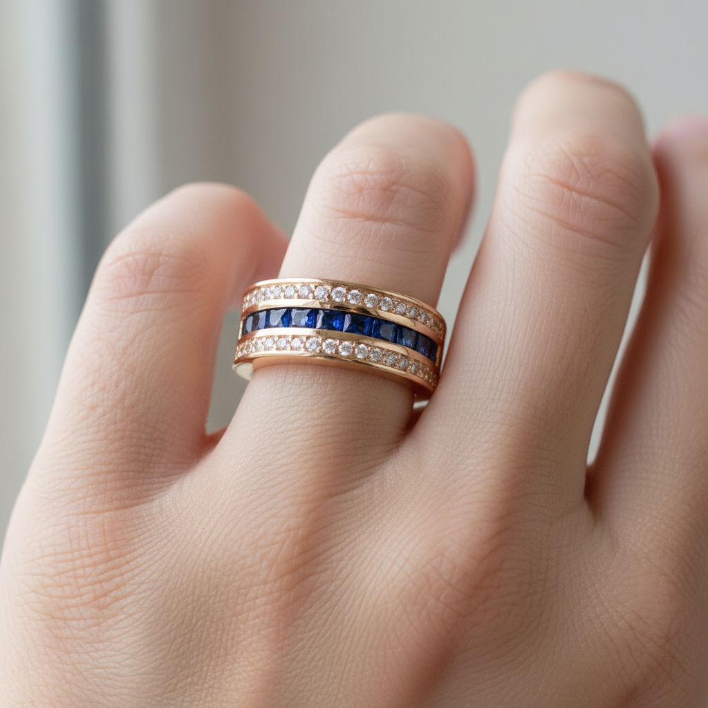 Ronan – Square Men's Ring with Crystals and Gold Sapphire