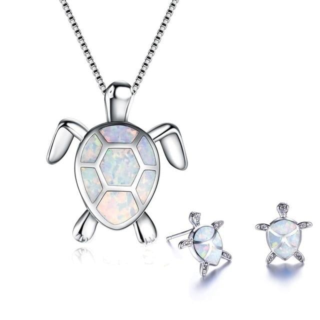 Kailea – Set of opal and silver turtle jewelry (necklace + earrings)