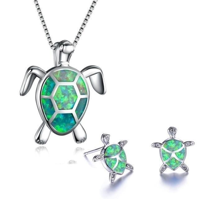 Kailea – Set of opal and silver turtle jewelry (necklace + earrings)