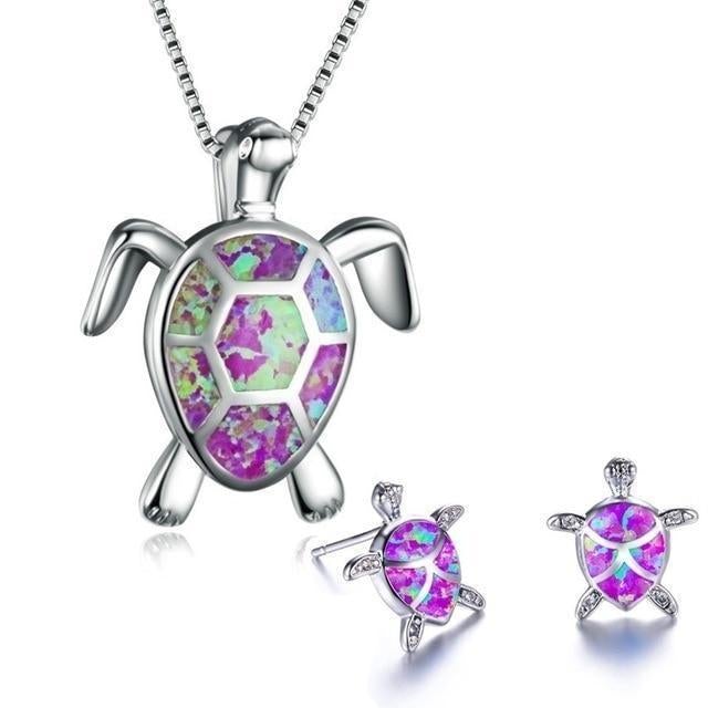 Kailea – Set of opal and silver turtle jewelry (necklace + earrings)