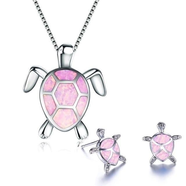 Kailea – Set of opal and silver turtle jewelry (necklace + earrings)