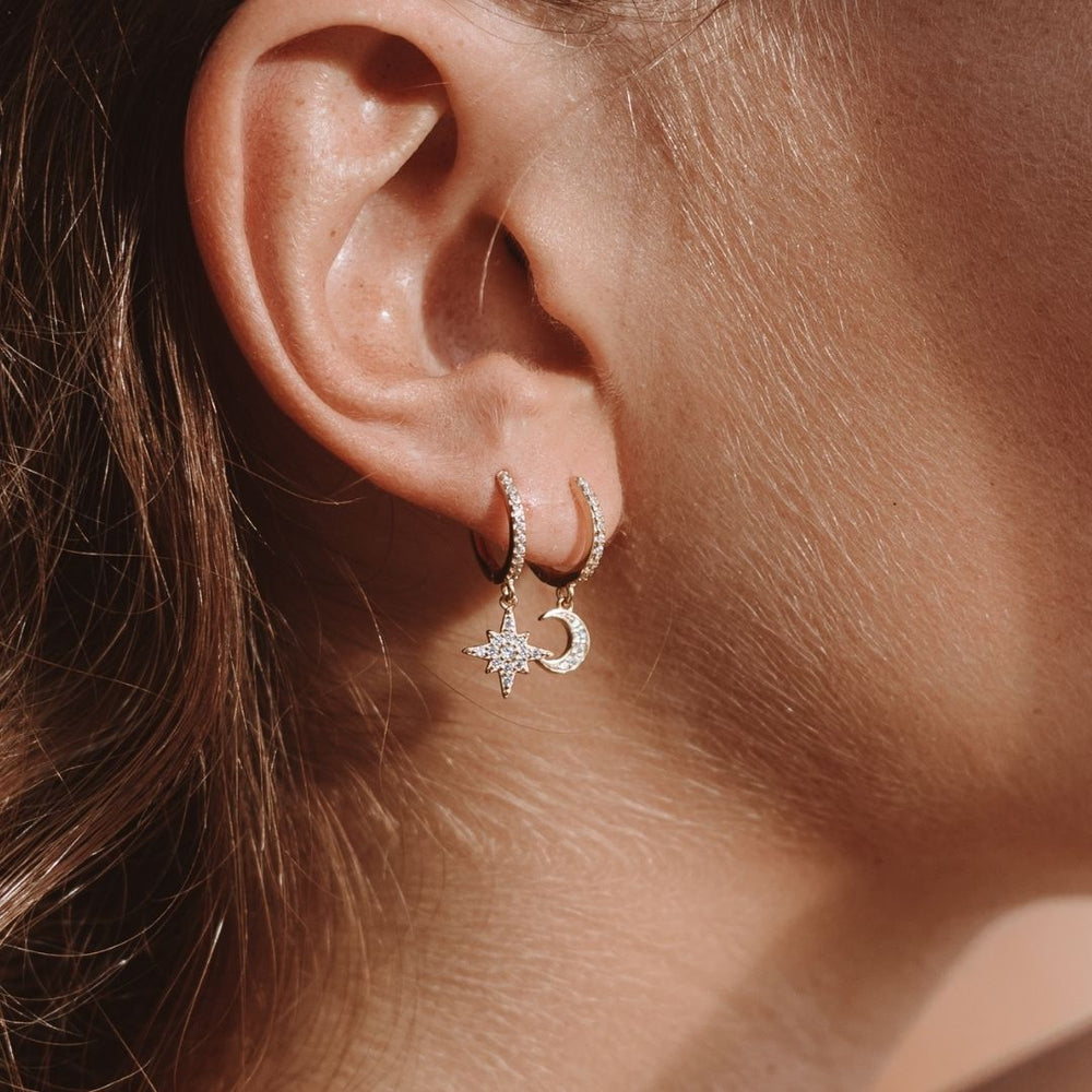 Star and Moon Earrings - Huggies with Embedded Strass