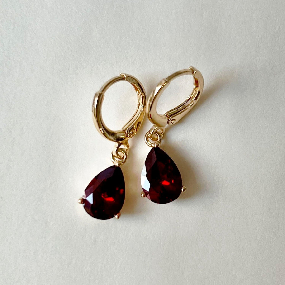 Ruby Red Teardrop Gemstone Huggies