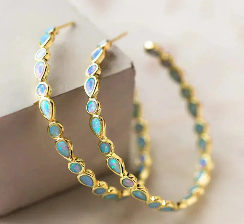 Luminous Elegance - Blue Opal and Gold Earrings