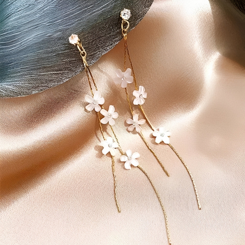 White Flower Earrings with Golden Threads